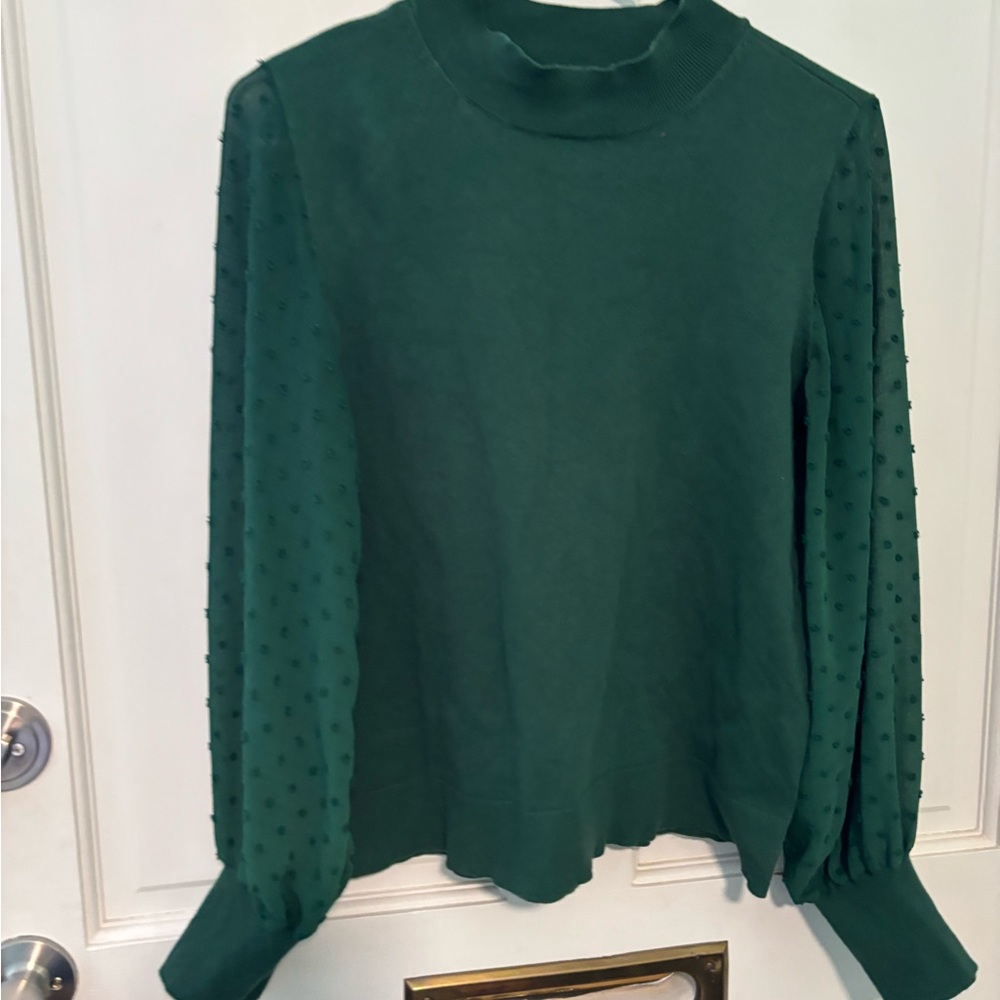 Vince Camuto Forest Green Mock Neck Sweater with Textured Dot Sleeves